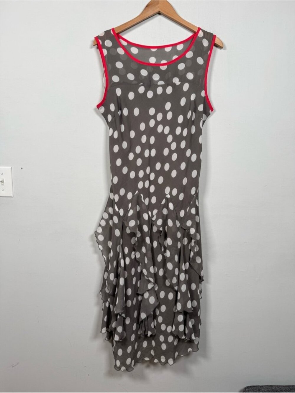 Robbie Bee Gray White Polka Dot Tiered Ruffle Dress Coral Trim Size 14